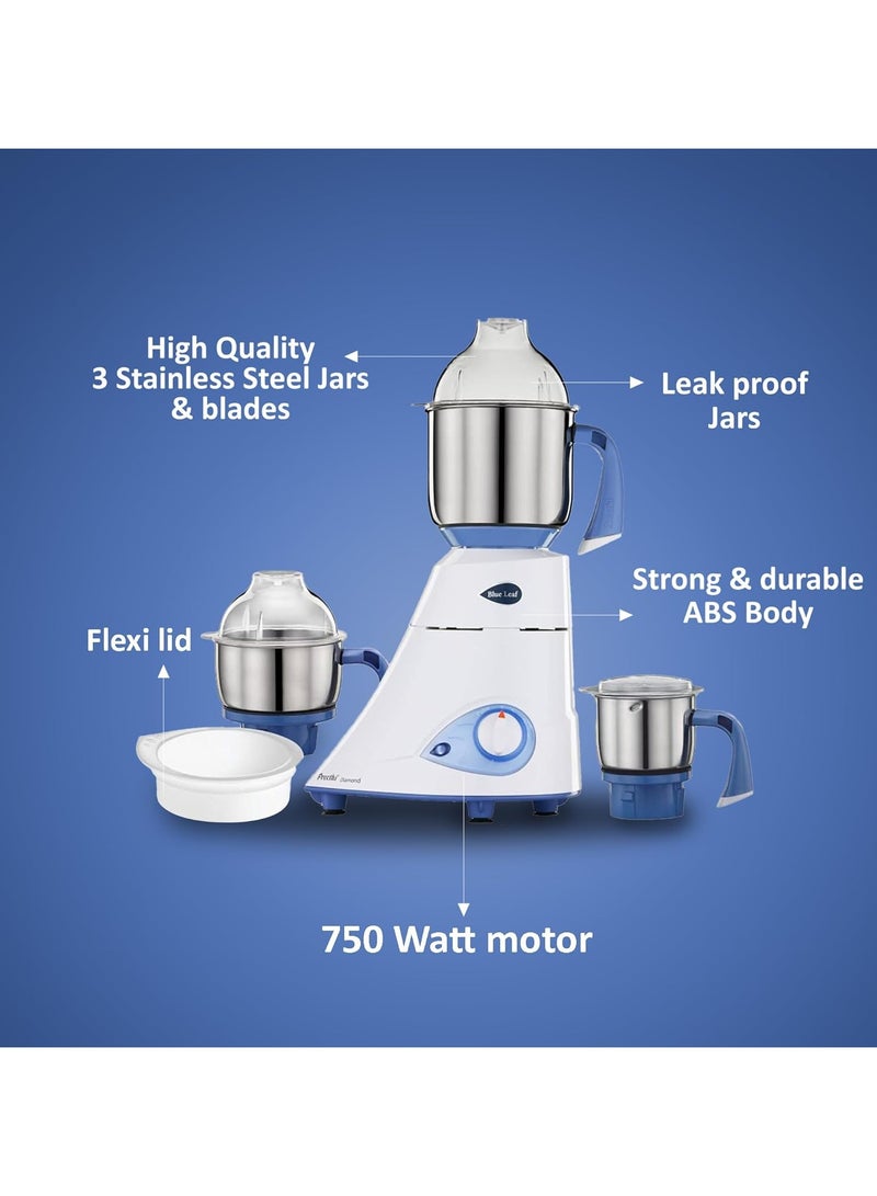 Preethi Blue Leaf Diamond MG-214 750 Watt Mixer Grinder with 3 Jars (Wet Grinding (1.5 litres) + Dry Grinding Jar (0.5 litre) + Chutney Jar (0.4 litre)Stainless steel), Blue/White 1.5 L 750 W MG 214 Blue/White - Image 4