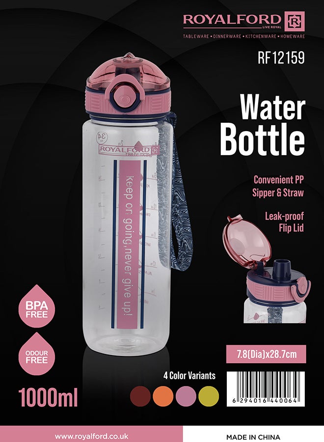 Royalford 1000ml Water Bottle RF12159 with Tracker, Motivational Bottles with Flip Lid, PP Sipper and Straw Perfect for School, Office and Gym Leak-Proof Food-Grade and Elegant Design Multicolor