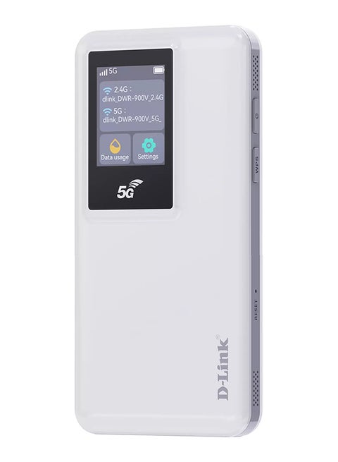 5G Mi-Fi Mobile Router, LCD Colored Display, 2.4G 2X2MIMO 573.6Mbps, 5.0G 2X2MIMO 1201Mbps, Built-In Firewall & NAT, Internal Antennas, 10000mAh Battery Capacity, DWR-900V White