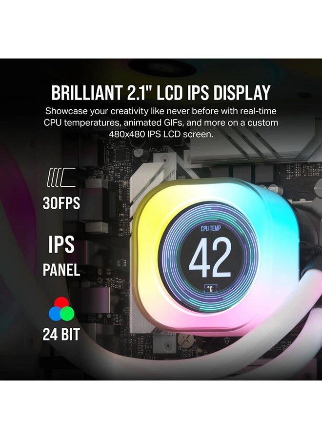 CORSAIR iCUE LINK H150i RGB AIO LCD Liquid CPU Cooler, 360mm Radiator, 2.1” IPS LCD Screen, 120mm QX120 RGB Fans, 2400 RPM Speed, 63.1 CFM Airflow, Intel 1700 & AMD AM5 Sockets, White | CW-9061010-WW  - Image 5