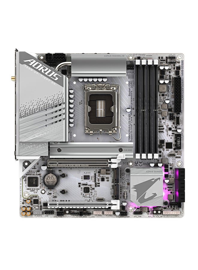 جيجابايت اللوحة الأم Z790M AORUS ELITE AX ICE LGA1700 mATX، مجموعة شرائح Intel Z790، 4x DDR5 حتى 192 جيجابايت، 2.5 جيجابت LAN / Wi-Fi 6E / BT 5.3، PCIE 5.0، USB 3.2 Gen2X2 Type-C HDMI / DP - Image 2
