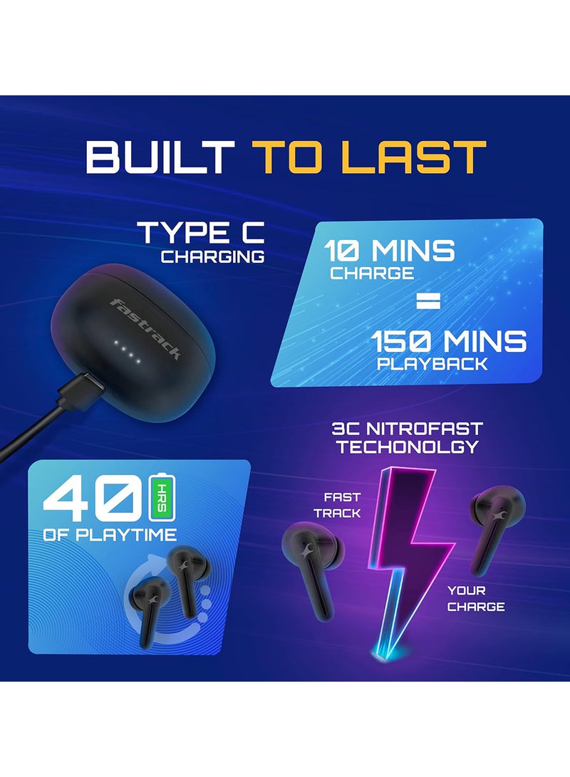 fastrack - Fpods(New Launch) FX100 Bluetooth TWS In-Ear Earbuds With 40 Hrs Playtime | BT V5.3 | 13mm Extra Deep Bass Drivers | Quad Mic ENC For Clear Calls | Ultra Low 50ms Latency Gaming Mode | NitroFast Charge Black - Image 1