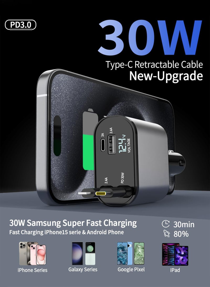 Toshionics Retractable Car Charger 4 in 1 Fast Car Phone Charger 120W 2 Retractable Cables and USB Car Charger Compatible with iPhone 15/14/13/12/11 Galaxy Pixel Black  - Image 4