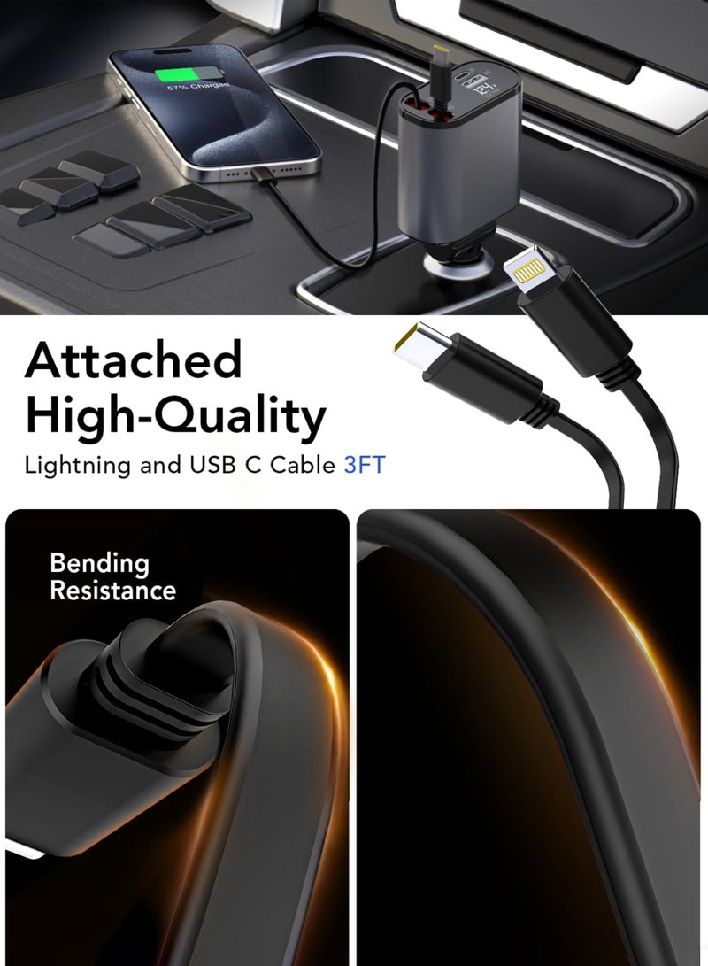 Toshionics Retractable Car Charger 4 in 1 Fast Car Phone Charger 120W 2 Retractable Cables and USB Car Charger Compatible with iPhone 15/14/13/12/11 Galaxy Pixel Black  - Image 5