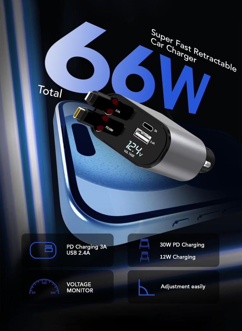 Toshionics Retractable Car Charger 4 in 1 Fast Car Phone Charger 120W 2 Retractable Cables and USB Car Charger Compatible with iPhone 15/14/13/12/11 Galaxy Pixel Black  - Image 3