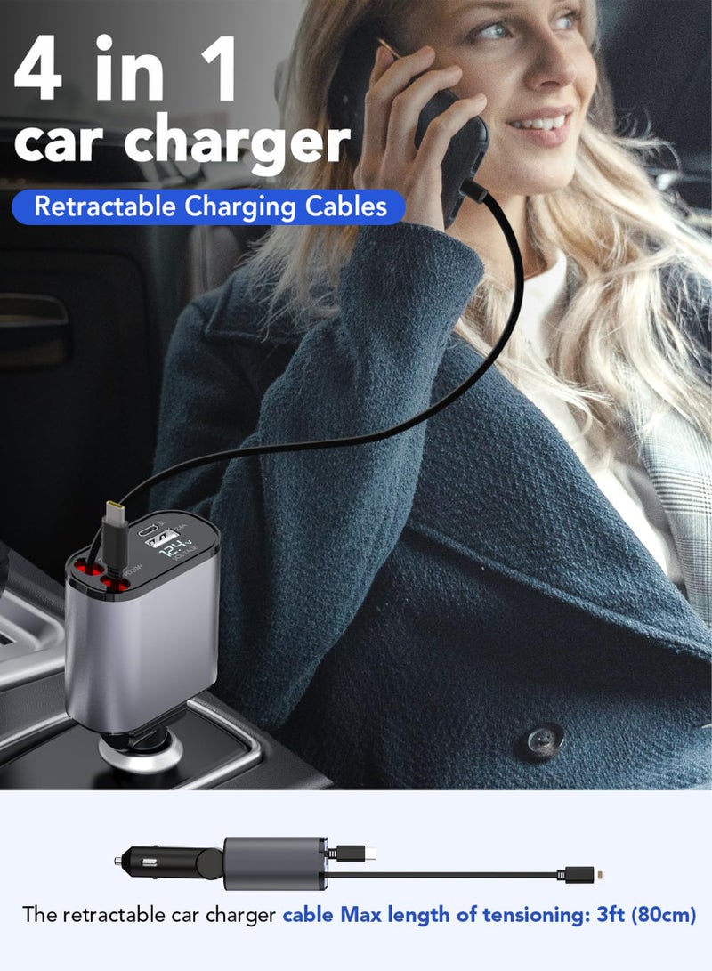 Toshionics Retractable Car Charger 4 in 1 Fast Car Phone Charger 120W 2 Retractable Cables and USB Car Charger Compatible with iPhone 15/14/13/12/11 Galaxy Pixel Black  - Image 2