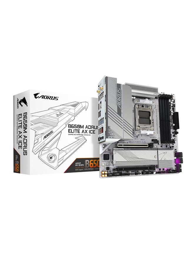 جيجابايت - اللوحة الأم B650M AORUS ELITE AX ICE DDR5 Micro ATX، مجموعة شرائح AMD B650، مقبس AMD AM5، 2xNVMe M.2 SSD، 4 x DDR5 DIMM، PCI 4x16/1x DP/1xHDMI/1 x USB Type-C، Realtek 2.5GbE LAN &amp; Wi -فاي 6E - Image 1