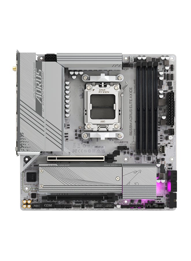 جيجابايت - اللوحة الأم B650M AORUS ELITE AX ICE DDR5 Micro ATX، مجموعة شرائح AMD B650، مقبس AMD AM5، 2xNVMe M.2 SSD، 4 x DDR5 DIMM، PCI 4x16/1x DP/1xHDMI/1 x USB Type-C، Realtek 2.5GbE LAN &amp; Wi -فاي 6E - Image 1