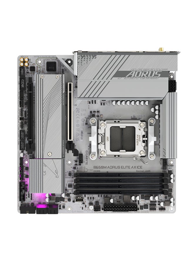 جيجابايت - اللوحة الأم B650M AORUS ELITE AX ICE DDR5 Micro ATX، مجموعة شرائح AMD B650، مقبس AMD AM5، 2xNVMe M.2 SSD، 4 x DDR5 DIMM، PCI 4x16/1x DP/1xHDMI/1 x USB Type-C، Realtek 2.5GbE LAN &amp; Wi -فاي 6E - Image 1