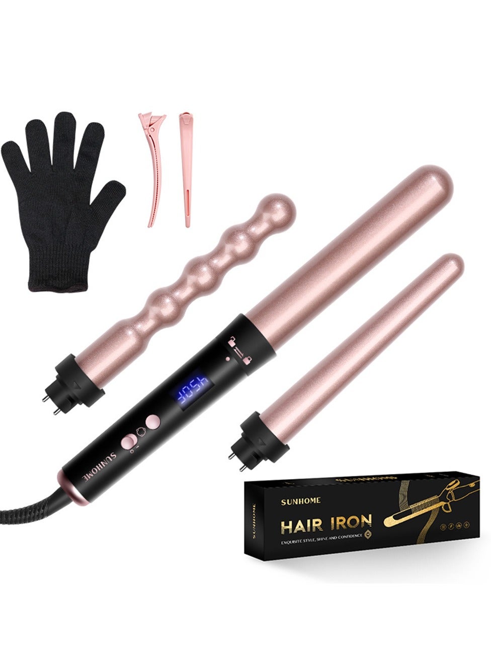 Curling Wand Set, 3 In 1 Hair Curler With 3 Interchangeable Curling Wand Ceramic Barrel(15-32mm), With LED Temperature Adjustment And Heat Up, Hair Curler Include Heat Resistant Glove Gold 