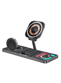 PROMATE 3-In-1 Magnetic Transparent Charging Station With 15W Foldable Charging Stand, 5W AirPods Charger, 3W Apple Watch Charger, Charge Protection, Durably Made And RGB Lights, AuraSlate-Trio Black  - Image 1