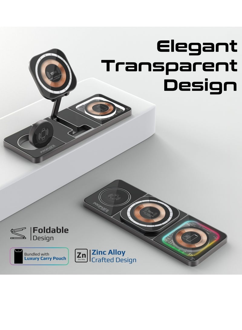 PROMATE - 3-In-1 Magnetic Transparent Charging Station With 15W Foldable Charging Stand, 5W AirPods Charger, 3W Apple Watch Charger, Charge Protection, Durably Made And RGB Lights, AuraSlate-Trio Black - Image 1