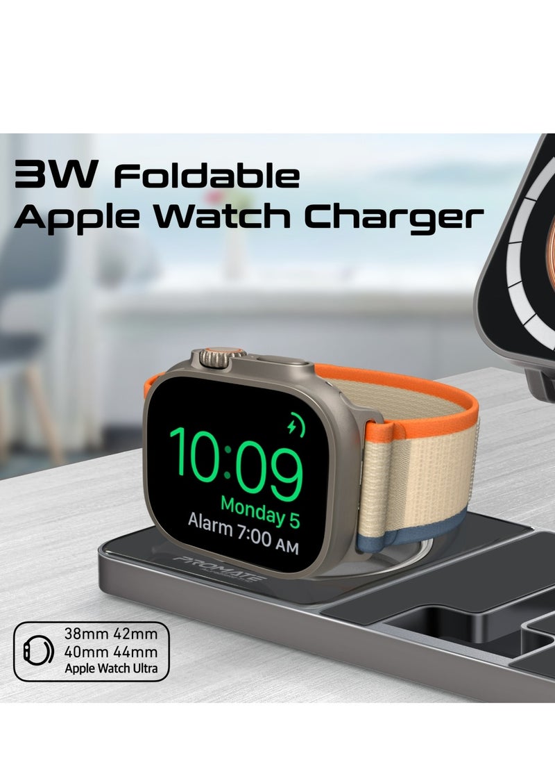 PROMATE - 3-In-1 Magnetic Transparent Charging Station With 15W Foldable Charging Stand, 5W AirPods Charger, 3W Apple Watch Charger, Charge Protection, Durably Made And RGB Lights, AuraSlate-Trio Black - Image 1