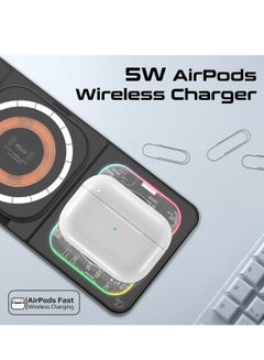 PROMATE 3-In-1 Magnetic Transparent Charging Station With 15W Foldable Charging Stand, 5W AirPods Charger, 3W Apple Watch Charger, Charge Protection, Durably Made And RGB Lights, AuraSlate-Trio Black  - Image 4