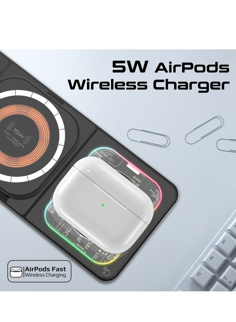 PROMATE - 3-In-1 Magnetic Transparent Charging Station With 15W Foldable Charging Stand, 5W AirPods Charger, 3W Apple Watch Charger, Charge Protection, Durably Made And RGB Lights, AuraSlate-Trio Black - Image 1