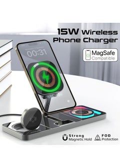 PROMATE 3-In-1 Magnetic Transparent Charging Station With 15W Foldable Charging Stand, 5W AirPods Charger, 3W Apple Watch Charger, Charge Protection, Durably Made And RGB Lights, AuraSlate-Trio Black  - Image 3