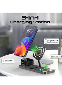 PROMATE 3-In-1 Magnetic Transparent Charging Station With 15W Foldable Charging Stand, 5W AirPods Charger, 3W Apple Watch Charger, Charge Protection, Durably Made And RGB Lights, AuraSlate-Trio Black  - Image 2
