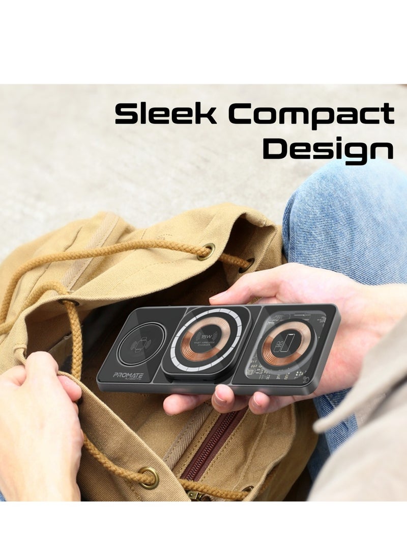 PROMATE - 3-In-1 Magnetic Transparent Charging Station With 15W Foldable Charging Stand, 5W AirPods Charger, 3W Apple Watch Charger, Charge Protection, Durably Made And RGB Lights, AuraSlate-Trio Black - Image 1