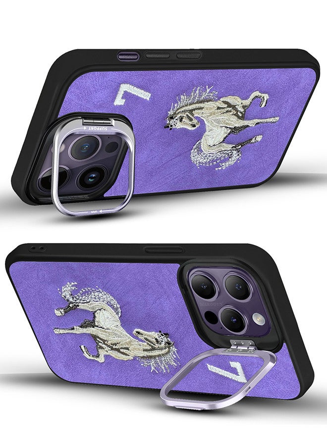 MARGOUN iPhone 14 Pro Max Case Cover Horse Series Leather Case 3D Embroidery Camera Bumper Anti Fingerprint ShookProof Protection Back Cover Kickstand Case Purple - Image 2