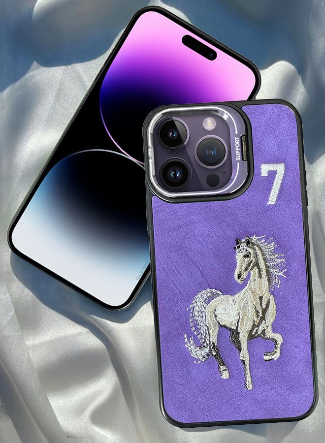 MARGOUN iPhone 14 Pro Max Case Cover Horse Series Leather Case 3D Embroidery Camera Bumper Anti Fingerprint ShookProof Protection Back Cover Kickstand Case Purple - Image 1