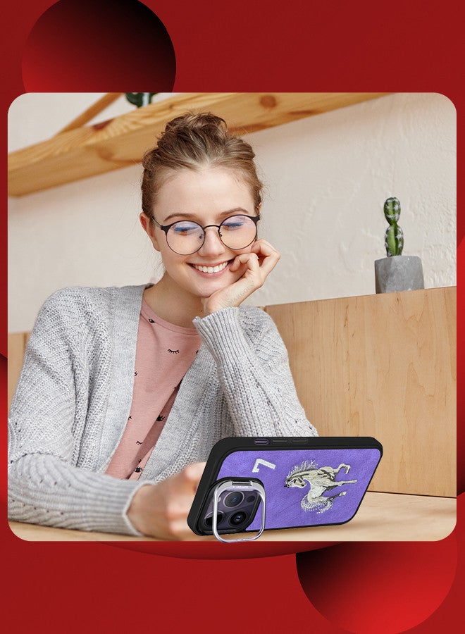 MARGOUN iPhone 14 Pro Max Case Cover Horse Series Leather Case 3D Embroidery Camera Bumper Anti Fingerprint ShookProof Protection Back Cover Kickstand Case Purple - Image 4