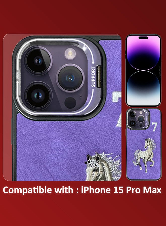 MARGOUN iPhone 14 Pro Max Case Cover Horse Series Leather Case 3D Embroidery Camera Bumper Anti Fingerprint ShookProof Protection Back Cover Kickstand Case Purple - Image 5