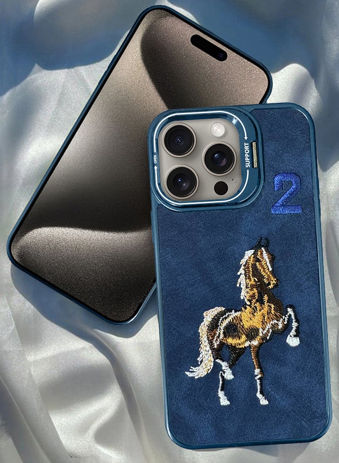 MARGOUN iPhone 15 Pro Max Case Cover Horse Series Leather Case 3D Embroidery Camera Bumper Anti Fingerprint ShookProof Protection Back Cover Kickstand Case Blue - Image 1