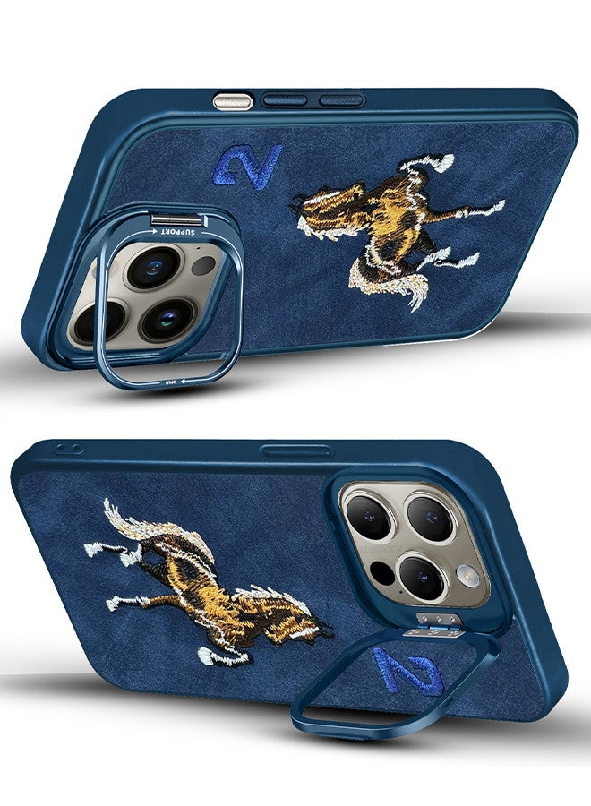 MARGOUN iPhone 15 Pro Max Case Cover Horse Series Leather Case 3D Embroidery Camera Bumper Anti Fingerprint ShookProof Protection Back Cover Kickstand Case Blue - Image 2