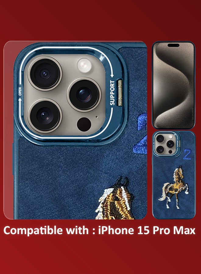 MARGOUN iPhone 15 Pro Max Case Cover Horse Series Leather Case 3D Embroidery Camera Bumper Anti Fingerprint ShookProof Protection Back Cover Kickstand Case Blue - Image 5