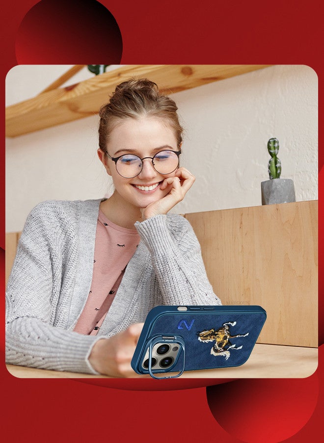 MARGOUN iPhone 15 Pro Max Case Cover Horse Series Leather Case 3D Embroidery Camera Bumper Anti Fingerprint ShookProof Protection Back Cover Kickstand Case Blue - Image 4