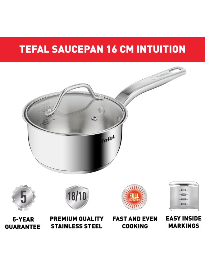 TEFAL Intuition saucepan 16 cm+lid |Premium Stainlesss steel 18/10 | Inside markings | Glass lid | Robust handle | Induction pot | 2 Years Warranty | B8642274 Stainless Steel 16 cmcm - Image 3