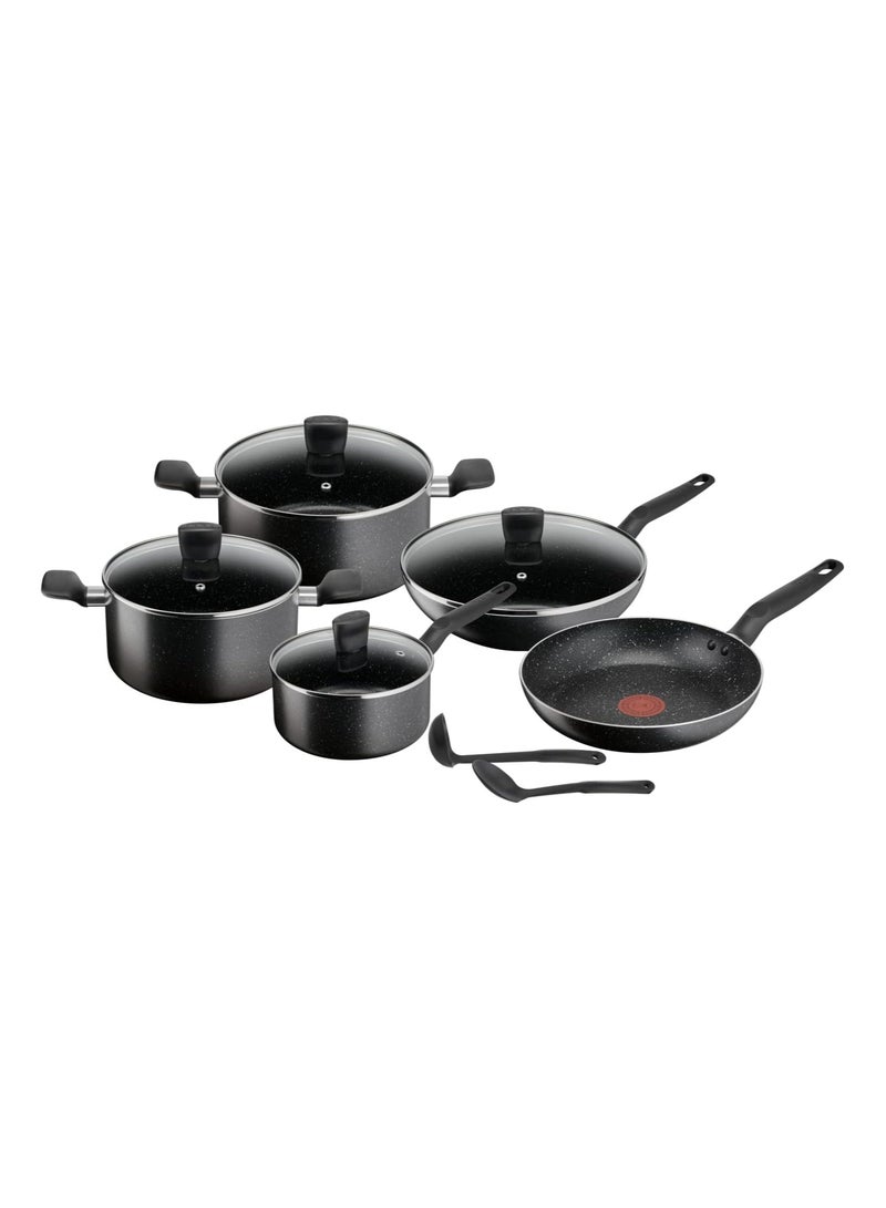تيفال TEFAL Dark Stone 11 pc set, Non-stick, stewpots 22/24/28 cm, saucepan 16 cm, frypans 20/28 cm, slotted spatula, Aluminium, B491BS85 Black 65cm - Image 1
