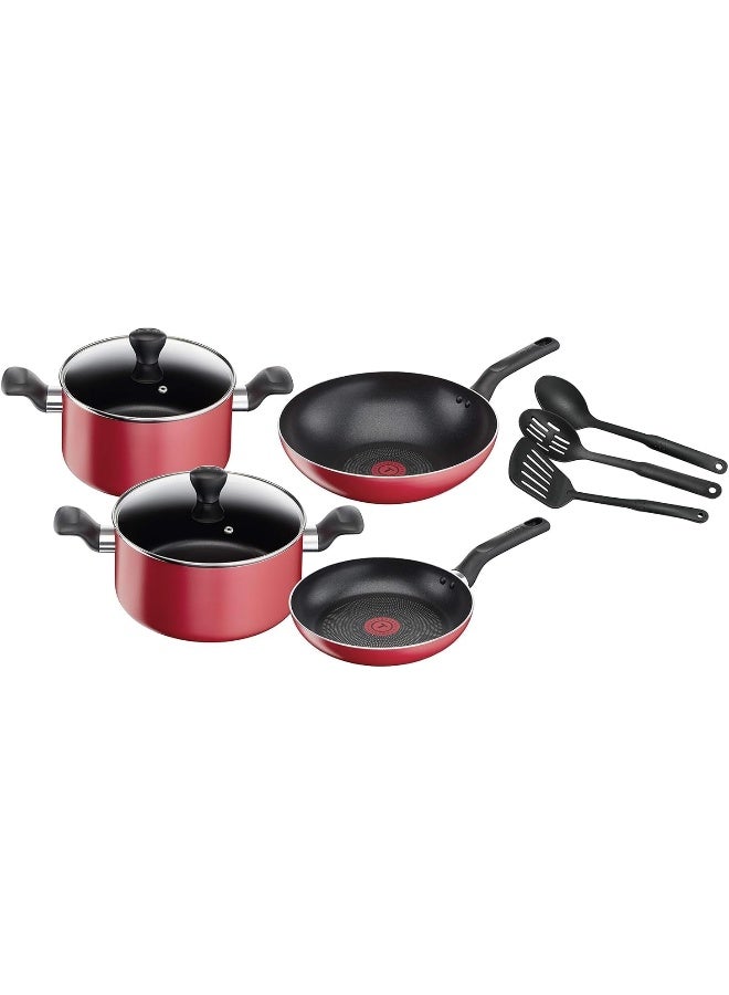 Tefal - TEFAL Cookware Set of 9 Pieces |Super Cook| frypan 24 cm/stewpots 22/24 cm/wokpan 28 cm/spoon/slotted spoon/slotted spatula | Non-Stick | Thermo Signal | Aluminium | Red | 2 Years Warranty | B243S987 Red 20/24cm - Image 1