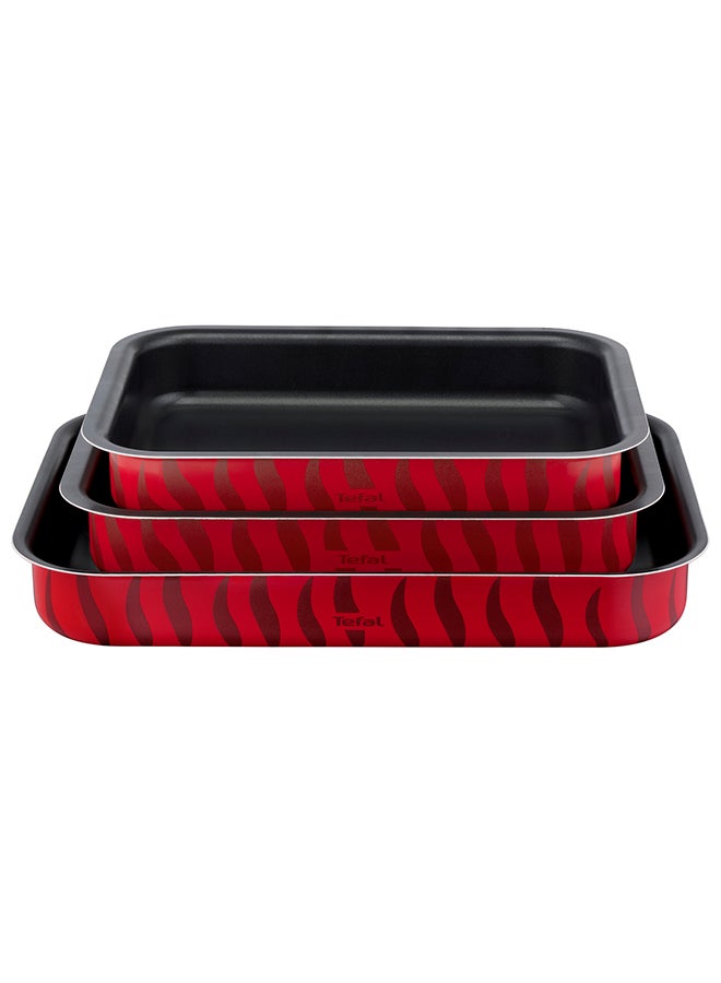تيفال Les Specialistes 3-Piece Set Oven Dishes Non-Stick Coating Aluminum Heat Diffusion Easy Cleaning Red Made In France  22X29 Cm Red 22x29 + 24x31 + 27x37cm - Image 1