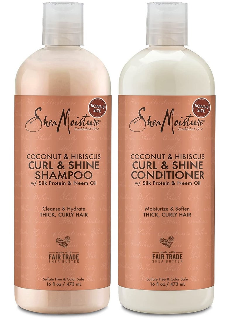 SheaMoisture Shampoo And Conditioner Set, Coconut & Hibiscus Curl & Shine, Curly Hair Products With Coconut Oil, Vitamin E & Neem Oil, Frizz Control, Family Size, 16 Fl Oz Ea - Image 1