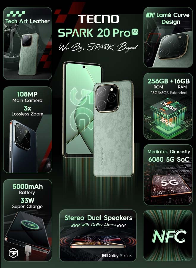 تكنو Spark 20 Pro 5G Dual SIM Neon Green 8GB RAM 128GB - Middle East Version - Image 2