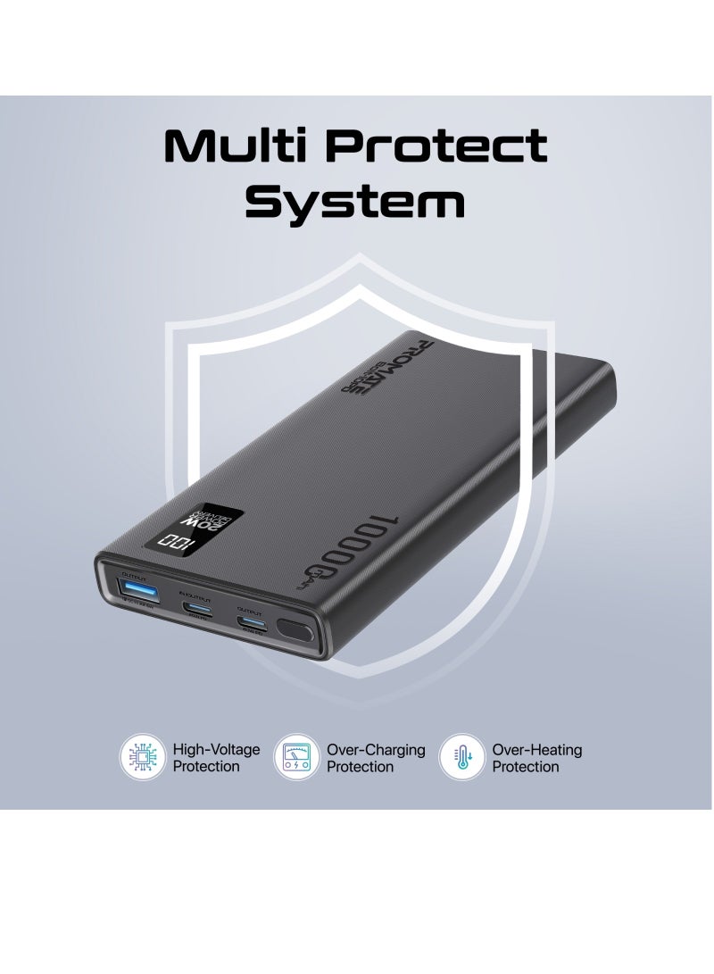 PROMATE - 10000 mAh Ultra-Slim Power Bank With 20W USB-C Input/Output Port QC 3.0 Output Black - Image 1