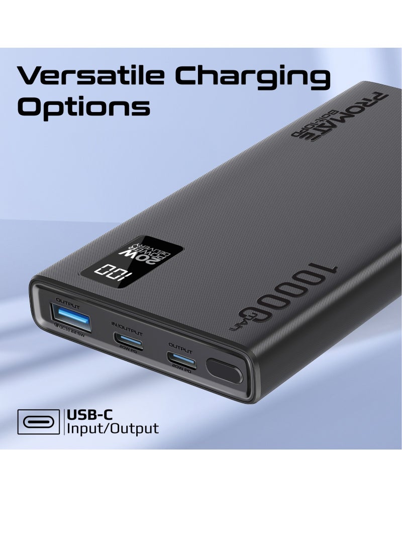 PROMATE - 10000 mAh Ultra-Slim Power Bank With 20W USB-C Input/Output Port QC 3.0 Output Black - Image 1
