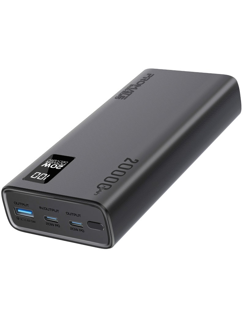 PROMATE - 20000 mAh Ultra-Slim Power Bank With 20W USB-C Input/Output Port QC 3.0 Output Black - Image 1