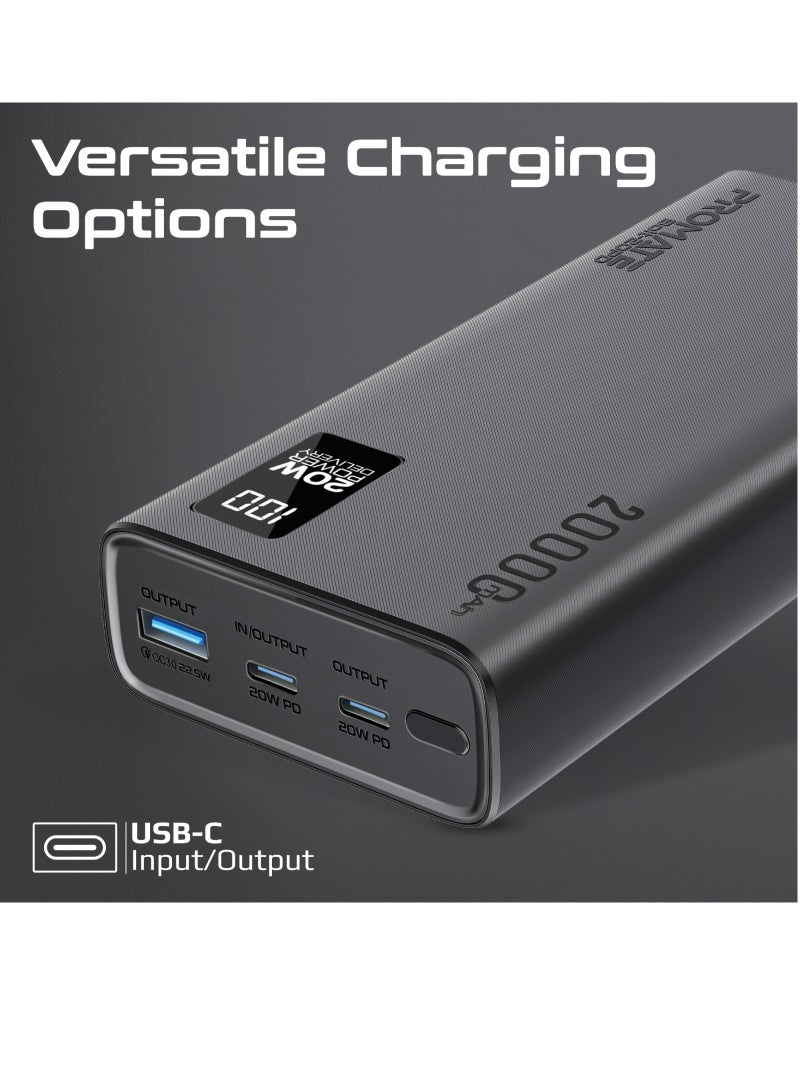 PROMATE - 20000 mAh Ultra-Slim Power Bank With 20W USB-C Input/Output Port QC 3.0 Output Black - Image 1