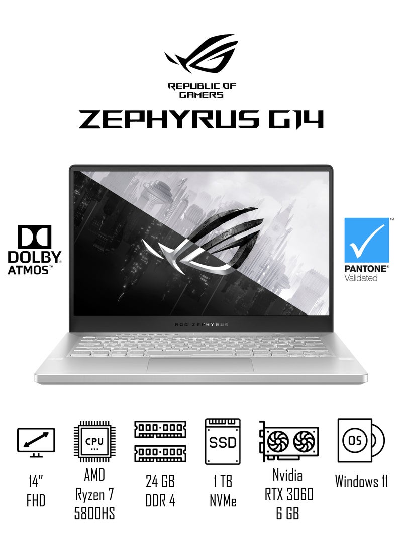 ASUS - ROG Zephyrus G14 Gaming Laptop With 14-Inch 144Hz Display, AMD Ryzen 7-5800HS Processor/24GB RAM/1TB SSD/6GB Nvidia GeForce RTX 3060 Graphics Card/Windows 11 English Moonlight White - Image 1