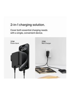 بيلكين شاحن حائط BoostCharge Hybrid بقوة 25 وات + باور بانك 5000 مللي أمبير في الساعة، شاحن محمول 2 في 1 مع منفذ USB-C PD3.0 ومنفذ USB-A، حزمة بطارية مزدوجة المنافذ، شاحن USB-C، قابس USB + USB-C إلى USB -كابل سي  - Image 2
