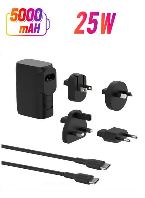 300 mAh BoostCharge Hybrid Wall Charger 25W + Power Bank 5000mAh, 2-in-1 Portable Charger with USB-C PD3.0 Port & USB-A Port, Dual-Port Battery Pack, USB-C Charger, USB Plug + USB-C to USB-C Cable Black