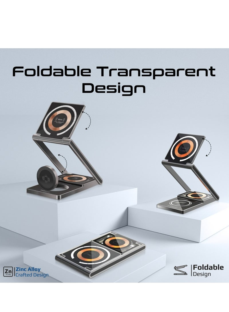 PROMATE - 3-In-1 Magnetic Transparent Charging Station With 15W Foldable Charging Stand, 5W AirPods Charger, 3W Apple Watch Adjustable Charger, And Charge Protection, For Smartphones, LucidFold-Trio Black - Image 1