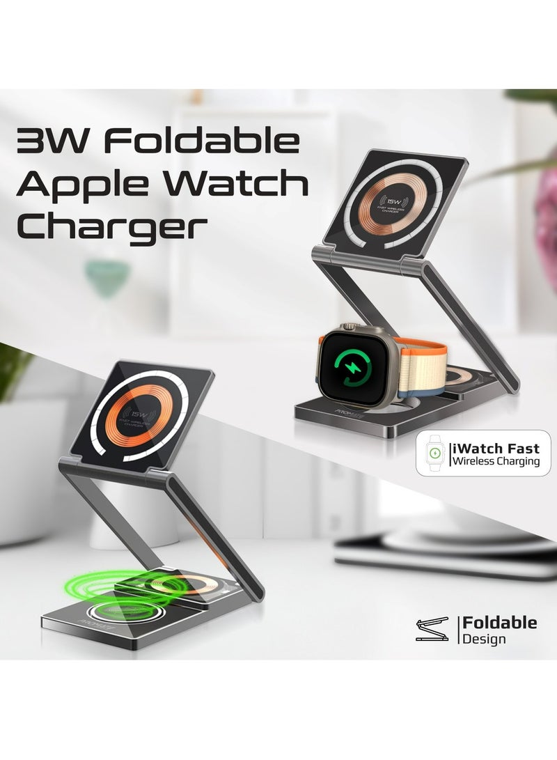 PROMATE - 3-In-1 Magnetic Transparent Charging Station With 15W Foldable Charging Stand, 5W AirPods Charger, 3W Apple Watch Adjustable Charger, And Charge Protection, For Smartphones, LucidFold-Trio Black - Image 1