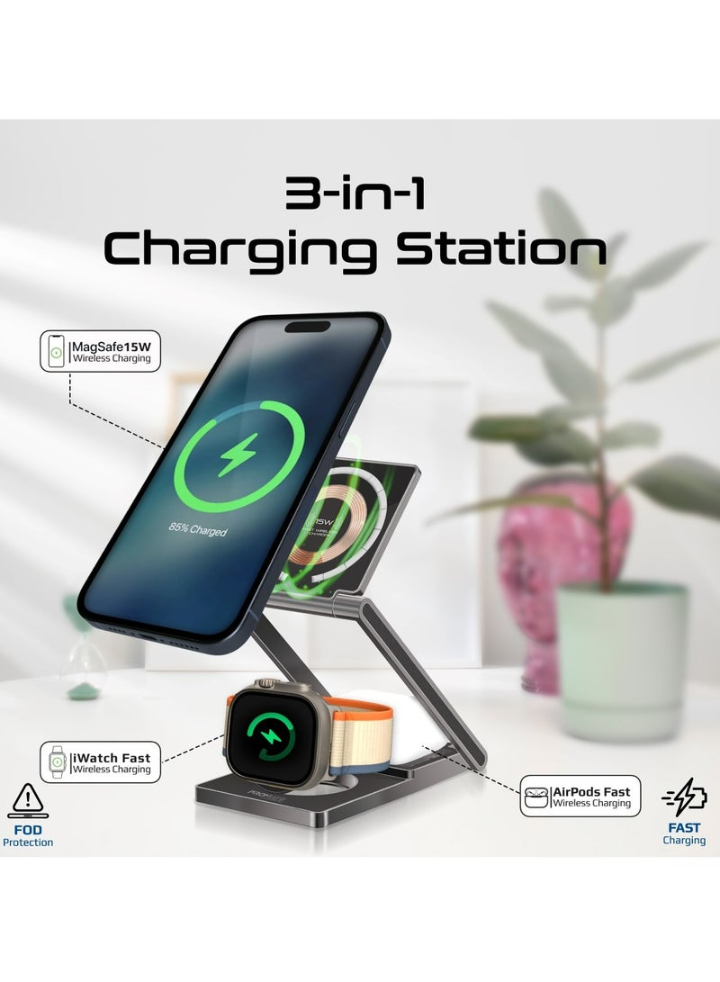 PROMATE - 3-In-1 Magnetic Transparent Charging Station With 15W Foldable Charging Stand, 5W AirPods Charger, 3W Apple Watch Adjustable Charger, And Charge Protection, For Smartphones, LucidFold-Trio Black - Image 1