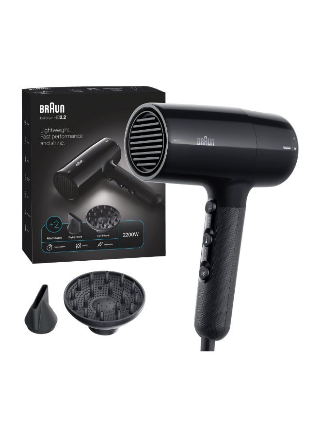 BRAUN Hair Dryer Hd2.2 Light Weight, Fast Performance And Shine, 2200 Watts, 3 Heat Mode Plus Cool Shot Ion Black  - Image 1