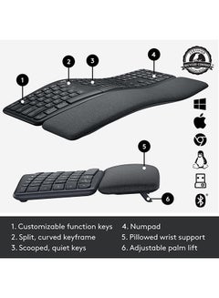 لوجيتيك Logitech ERGO K860 Wireless Ergonomic Keyboard - Split Keyboard Layout, Wrist Rest, Natural Typing, Stain-Resistant Fabric, Windows/Mac, Bluetooth + USB, Windows/Mac, QWERTY UK English Layout - Grey  - Image 5