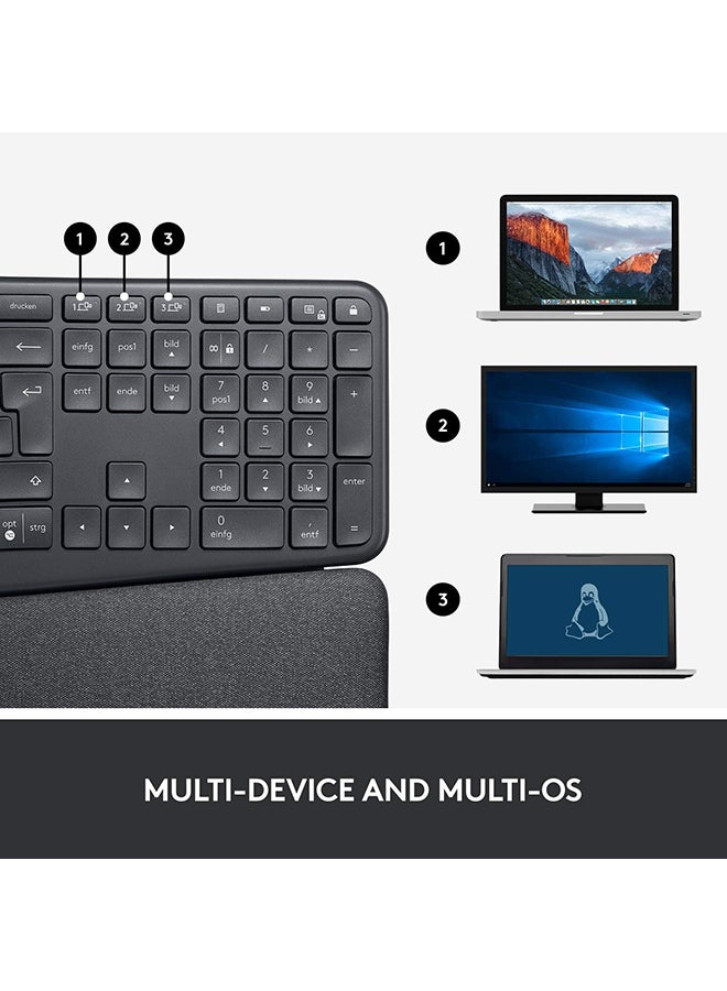 لوجيتيك - Logitech ERGO K860 Wireless Ergonomic Keyboard - Split Keyboard Layout, Wrist Rest, Natural Typing, Stain-Resistant Fabric, Windows/Mac, Bluetooth + USB, Windows/Mac, QWERTY UK English Layout - Grey - Image 1
