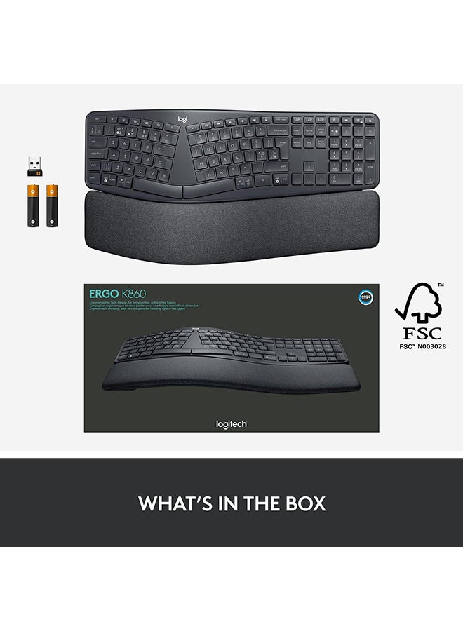 لوجيتيك - Logitech ERGO K860 Wireless Ergonomic Keyboard - Split Keyboard Layout, Wrist Rest, Natural Typing, Stain-Resistant Fabric, Windows/Mac, Bluetooth + USB, Windows/Mac, QWERTY UK English Layout - Grey - Image 1